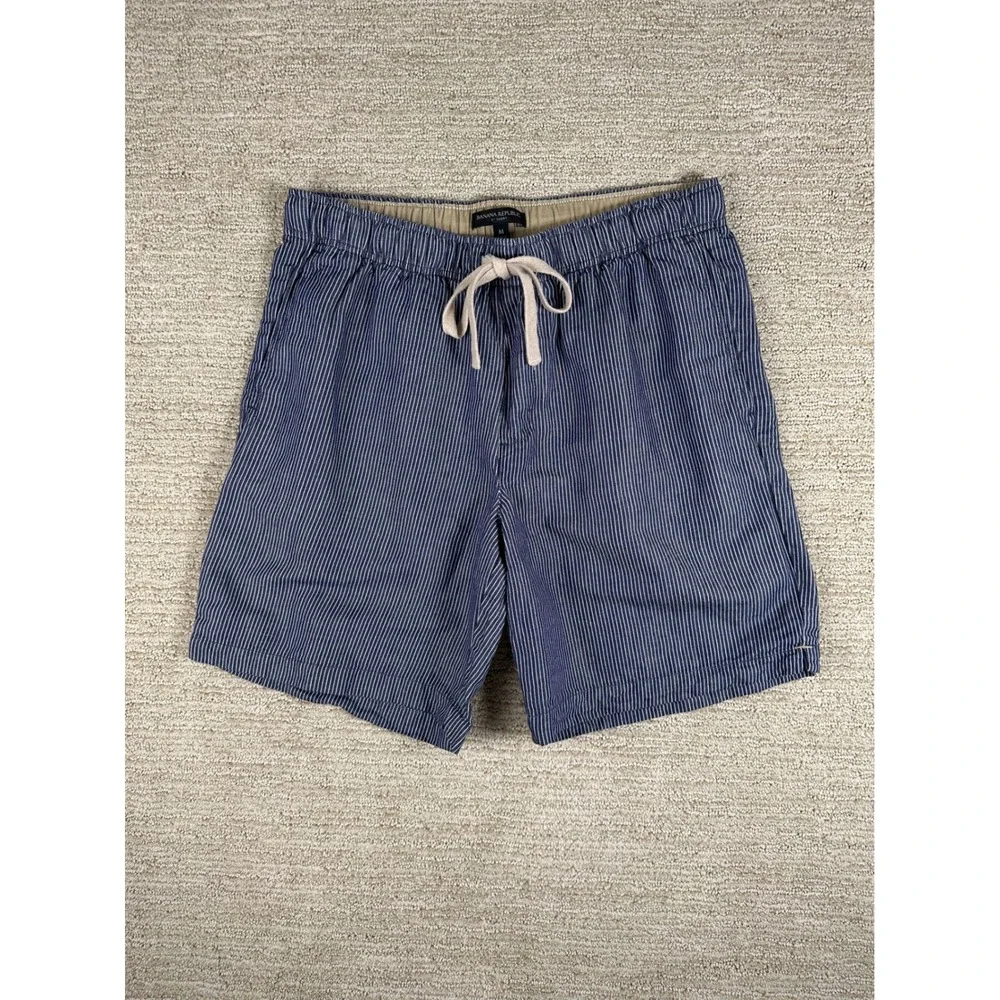 Banana Republic Mens Blue White Striped Linen Cotton 8 Inch Shorts M Drawstring